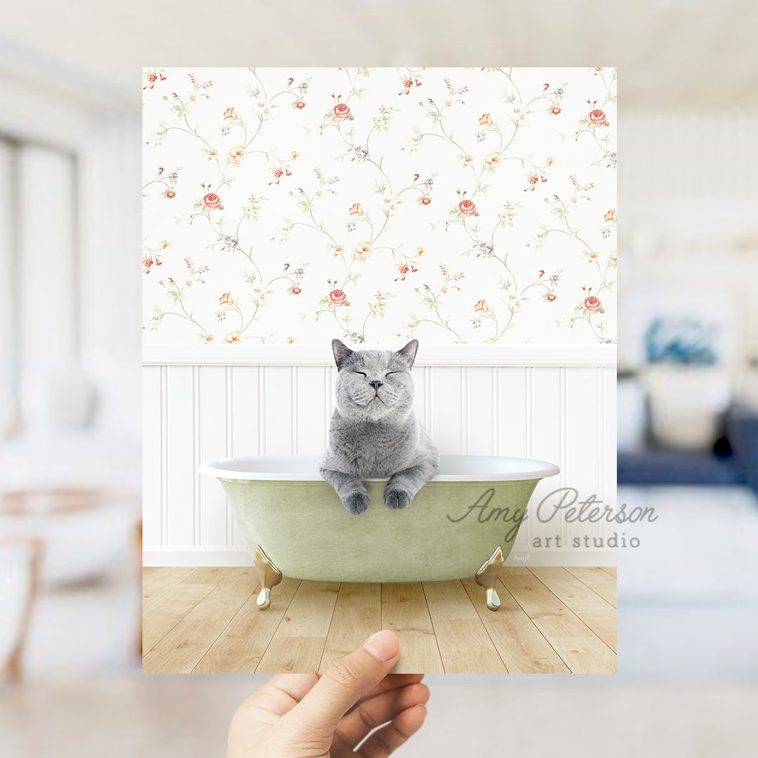 a cat sitting in a green bath tub