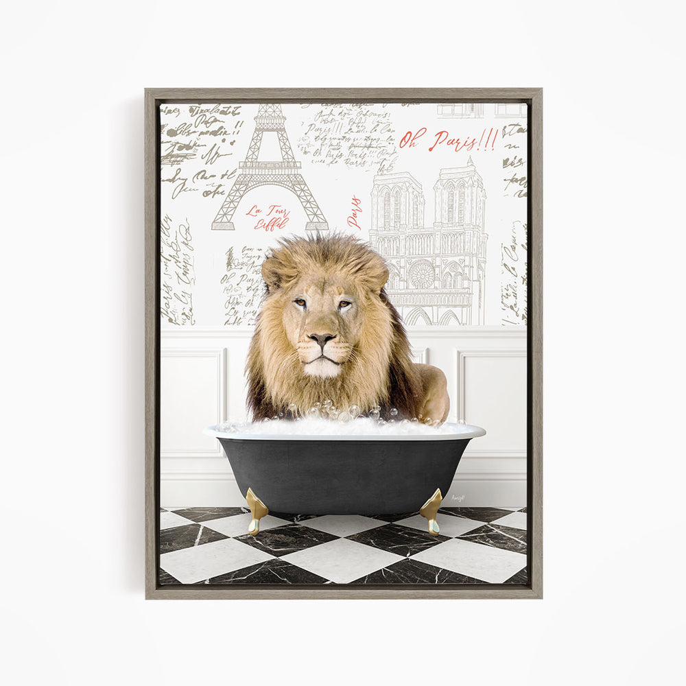 A lion is sitting in a bathtub filled with water, surrounded by a checkered floor and a wall with the Eiffel Tower and other Parisian landmarks.