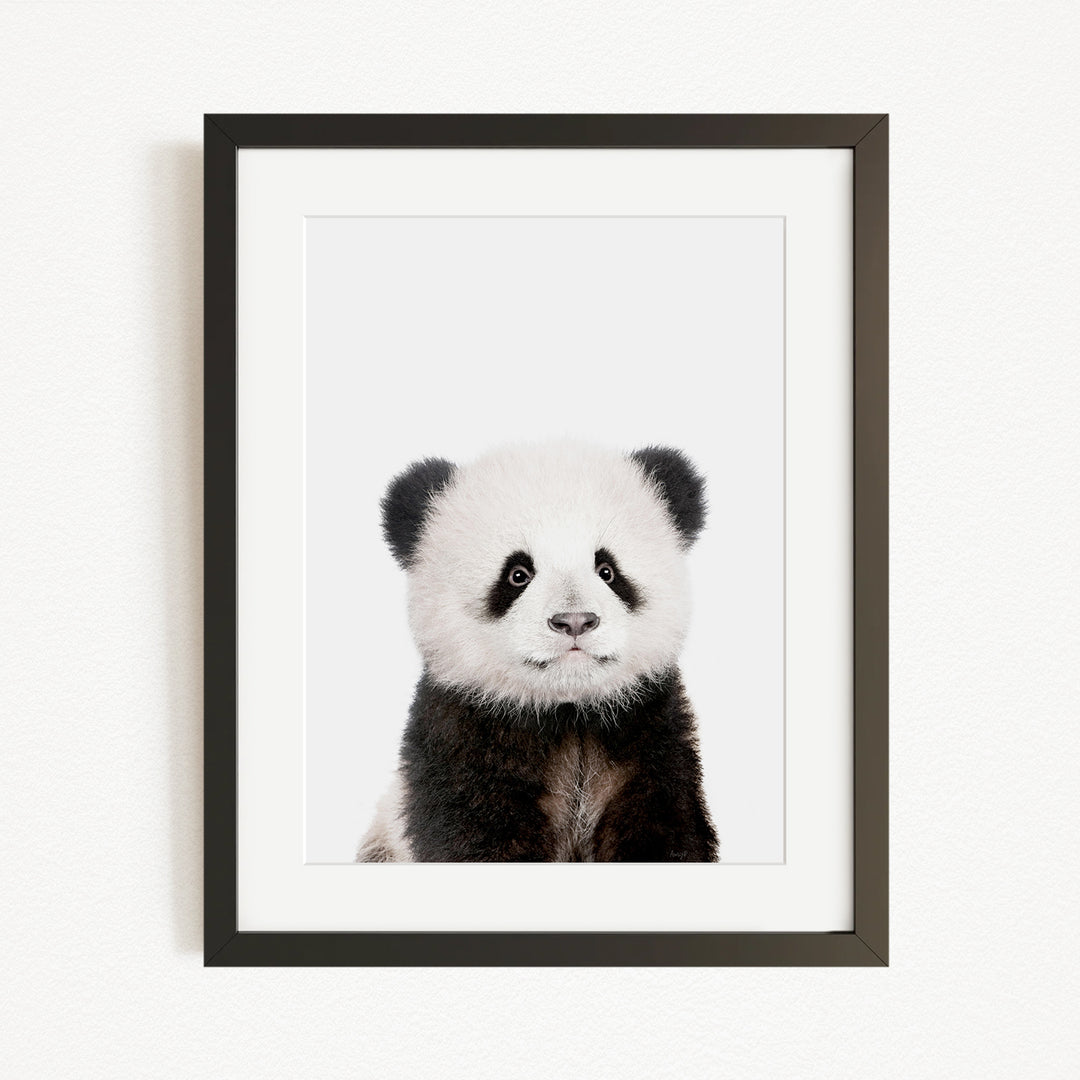 A panda bear with black and white fur is the focus of the framed artwork displayed on a white wall.
