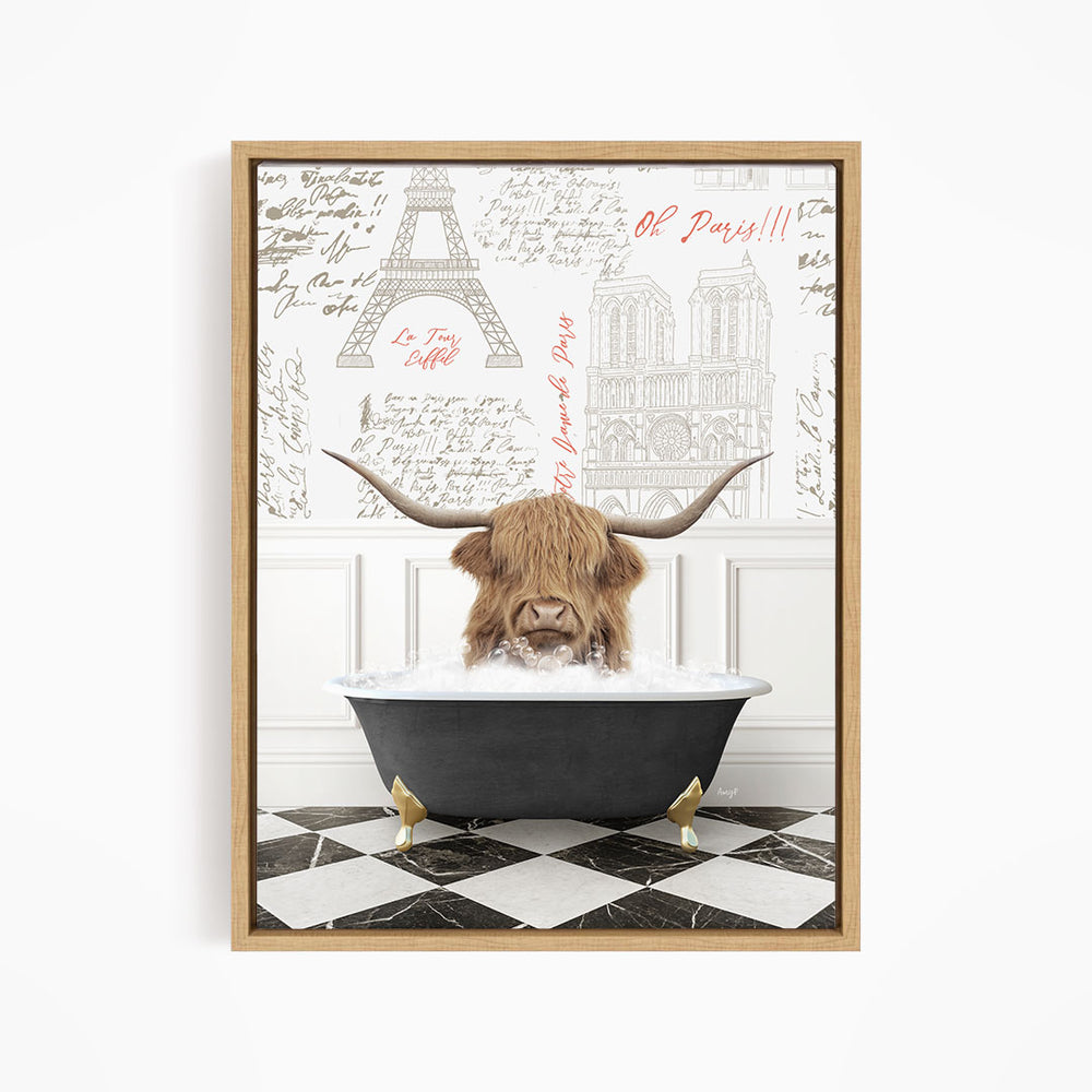 A brown cow with long horns is sitting in a bathtub filled with water, surrounded by a checkered floor and a wall with the Eiffel Tower and other Parisian landmarks.