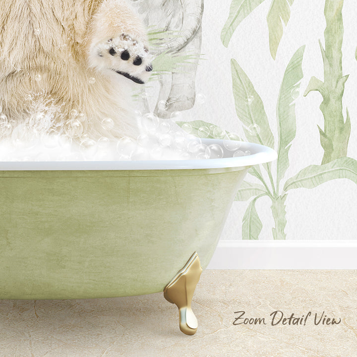 A fluffy white dog is standing in a green bathtub filled with bubbles, with a tropical plant wallpaper in the background.