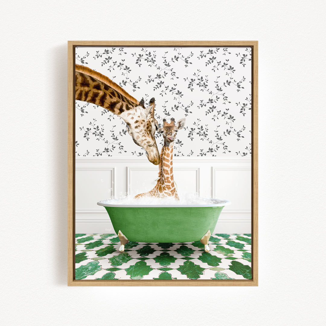 A giraffe and a baby giraffe are sitting in a green bathtub filled with water, surrounded by a patterned wall and green and white floor tiles.