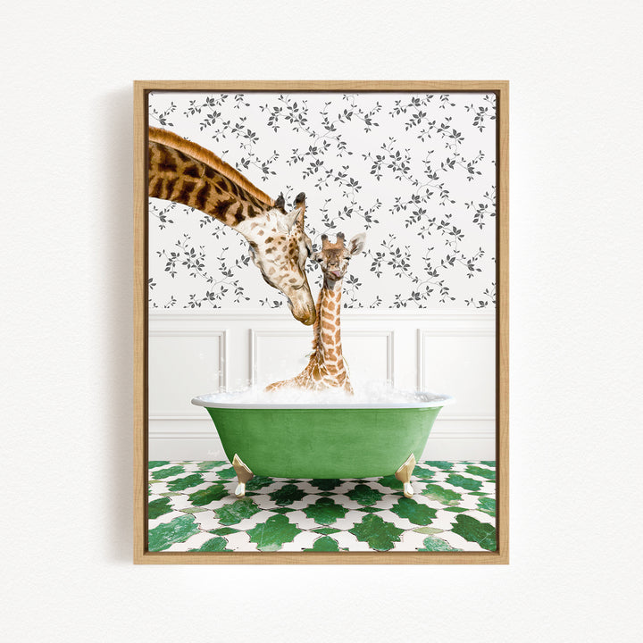A giraffe and a baby giraffe are sitting in a green bathtub filled with water, surrounded by a patterned wall and green and white floor tiles.