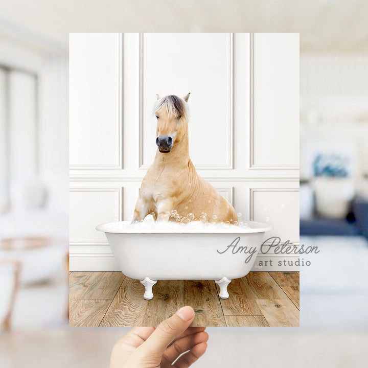 a horse sitting in a bathtub in a room