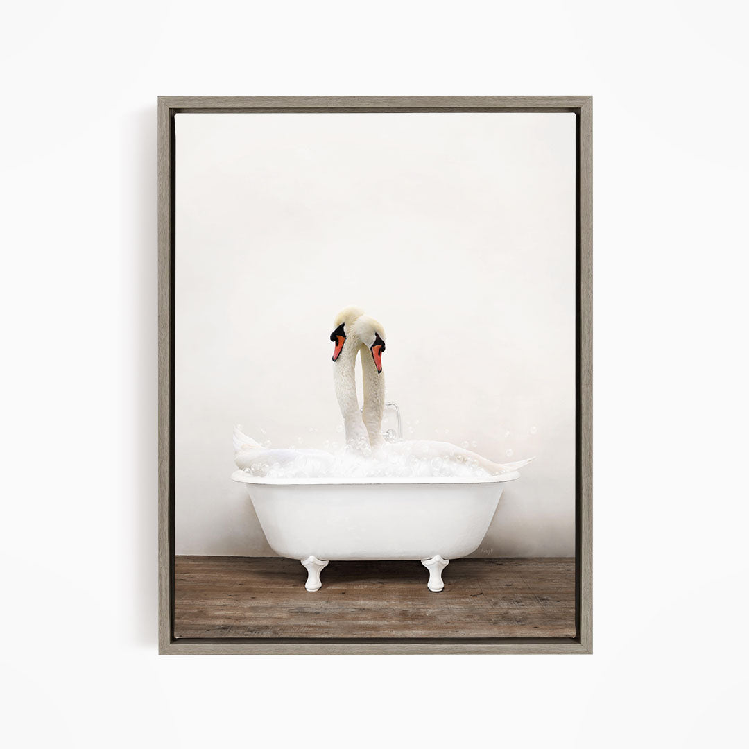 A white swan standing in a white bathtub filled with water, creating a serene and peaceful scene.