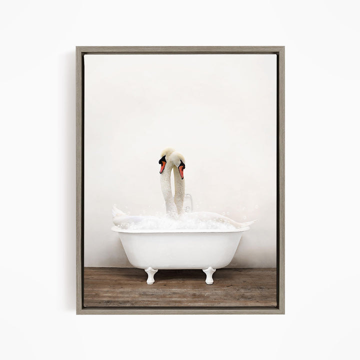 A white swan standing in a white bathtub filled with water, creating a serene and peaceful scene.