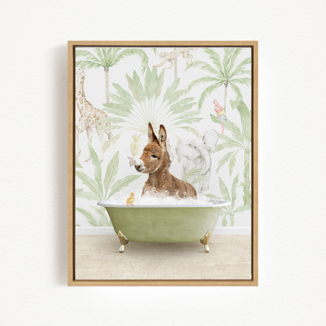 A donkey is sitting in a green bathtub filled with water, surrounded by various animals and plants, creating a whimsical and playful scene.