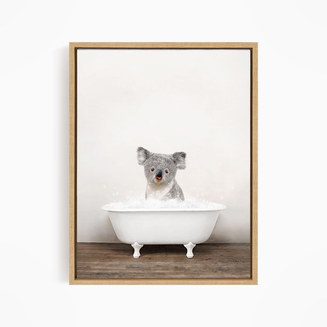 A koala bear sitting in a white bathtub filled with water, looking directly at the camera.