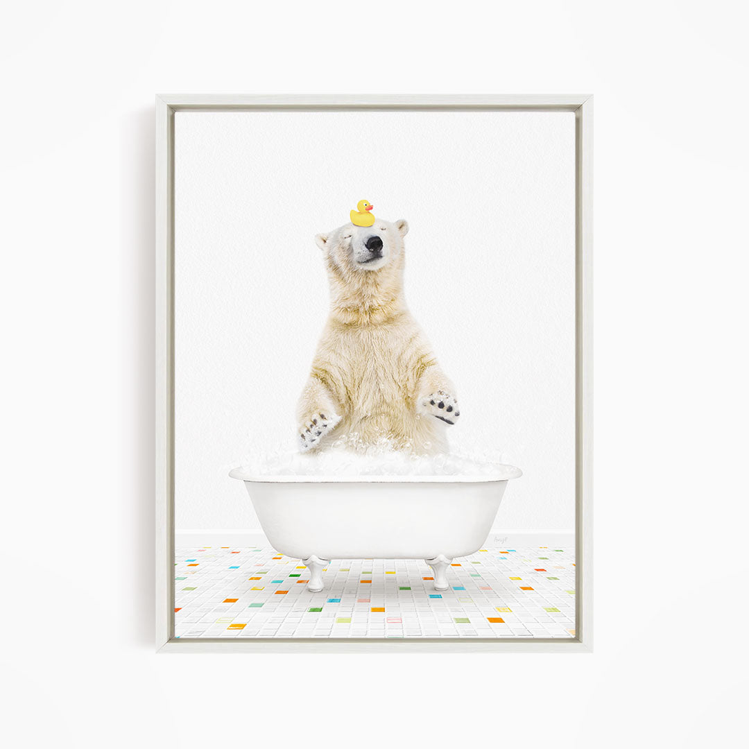 A polar bear standing in a white bathtub, with a rubber duck perched on its head.