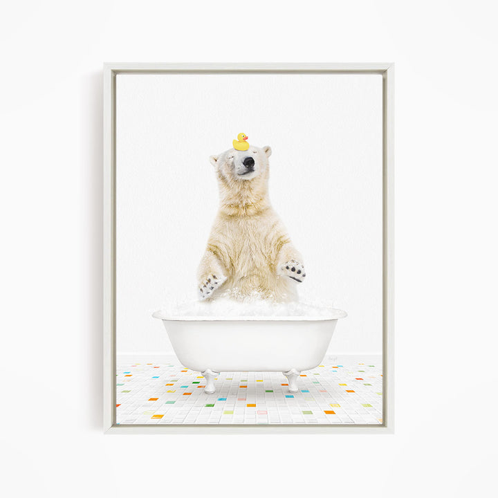 A polar bear standing in a white bathtub, with a rubber duck perched on its head.