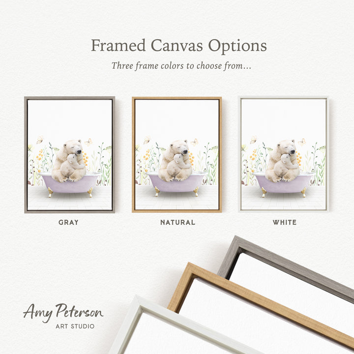 three framed canvas options, each featuring a different color: gray, natural, and white. The text above the images reads " framed Canvas Options" and "Three frame colors to choose from...". The bottom of the image includes the text " Amy Peterson ART STUDIO".