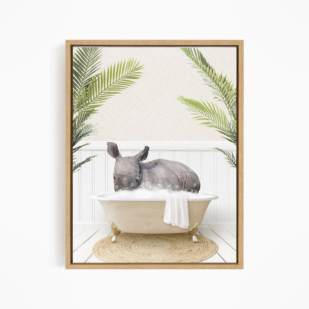 A rhinoceros is sitting in a bathtub filled with water, surrounded by palm leaves, creating a whimsical and playful scene.