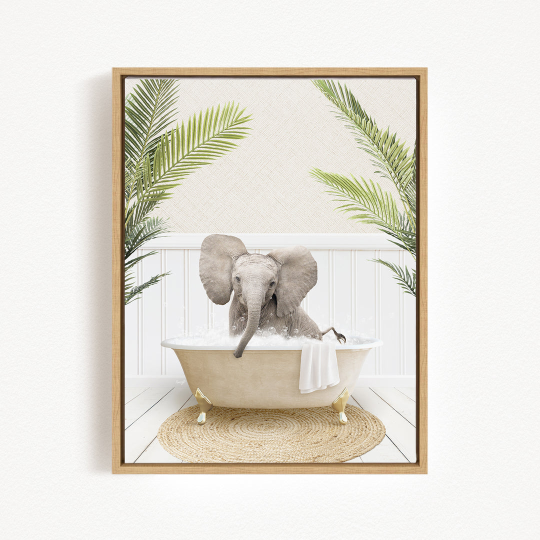 A baby elephant sitting in a bathtub filled with water, surrounded by palm leaves.