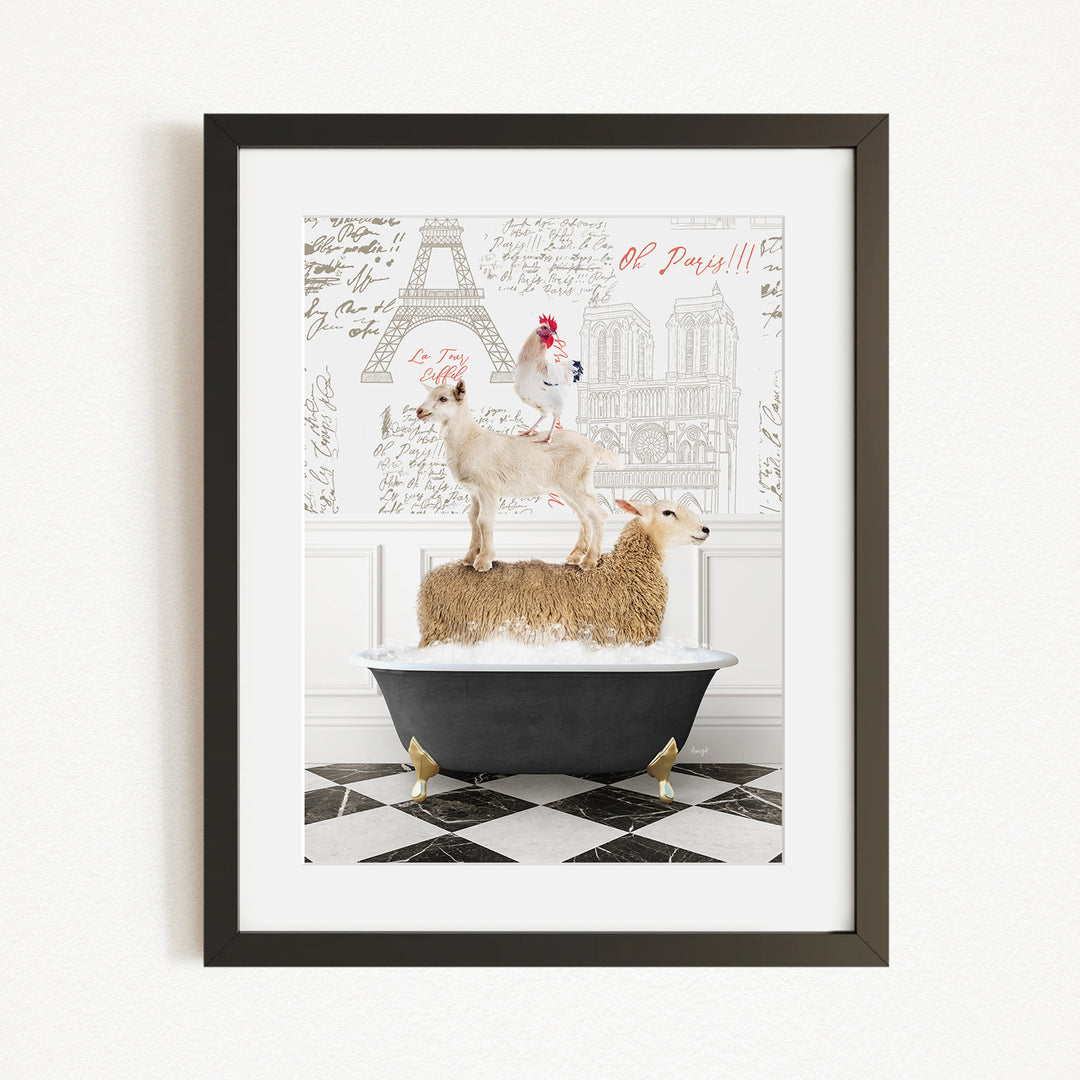 A framed image depicting a sheep standing on a black bathtub, with a rooster perched on top of the sheep. The background features a drawing of the Eiffel Tower and the text "Le Tour" and "Oh Paris!!".