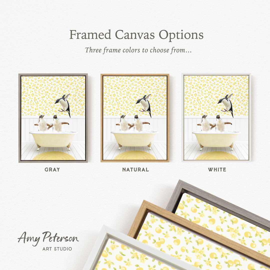 The image is a framed canvas option showcasing three different framed canvas options, each featuring a different color: gray, natural, and white. The text above the images reads " framed Canvas Options" and "Three frame colors to choose from...". The bottom of the image includes the text " Amy Peterson ART STUDIO".