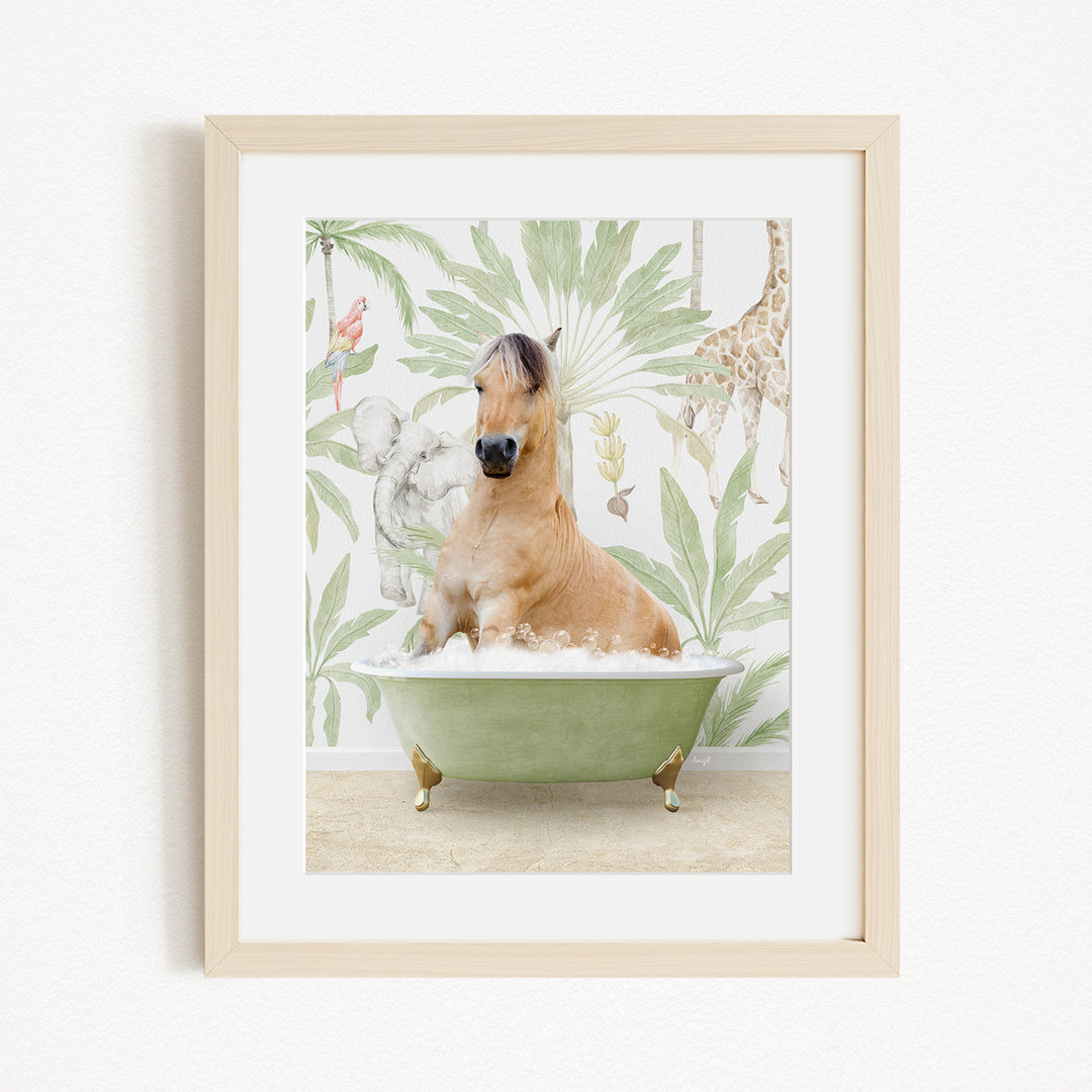 A horse is sitting in a green bathtub, surrounded by a tropical wallpaper with various animals, including a giraffe and a parrot.