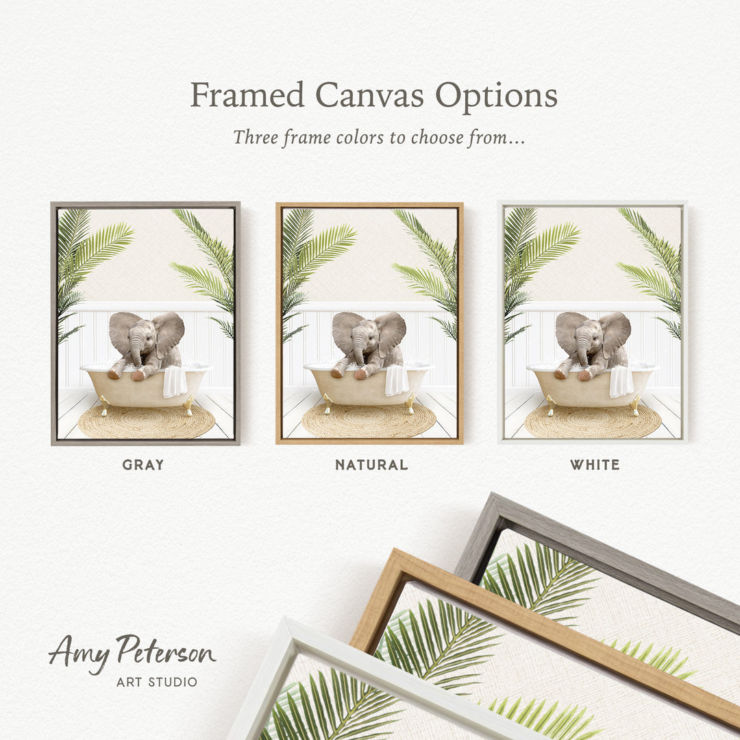 three framed canvas options, each featuring a different color and frame style. The options include a gray frame, a natural frame, and a white frame, with each frame showcasing a different color and design.