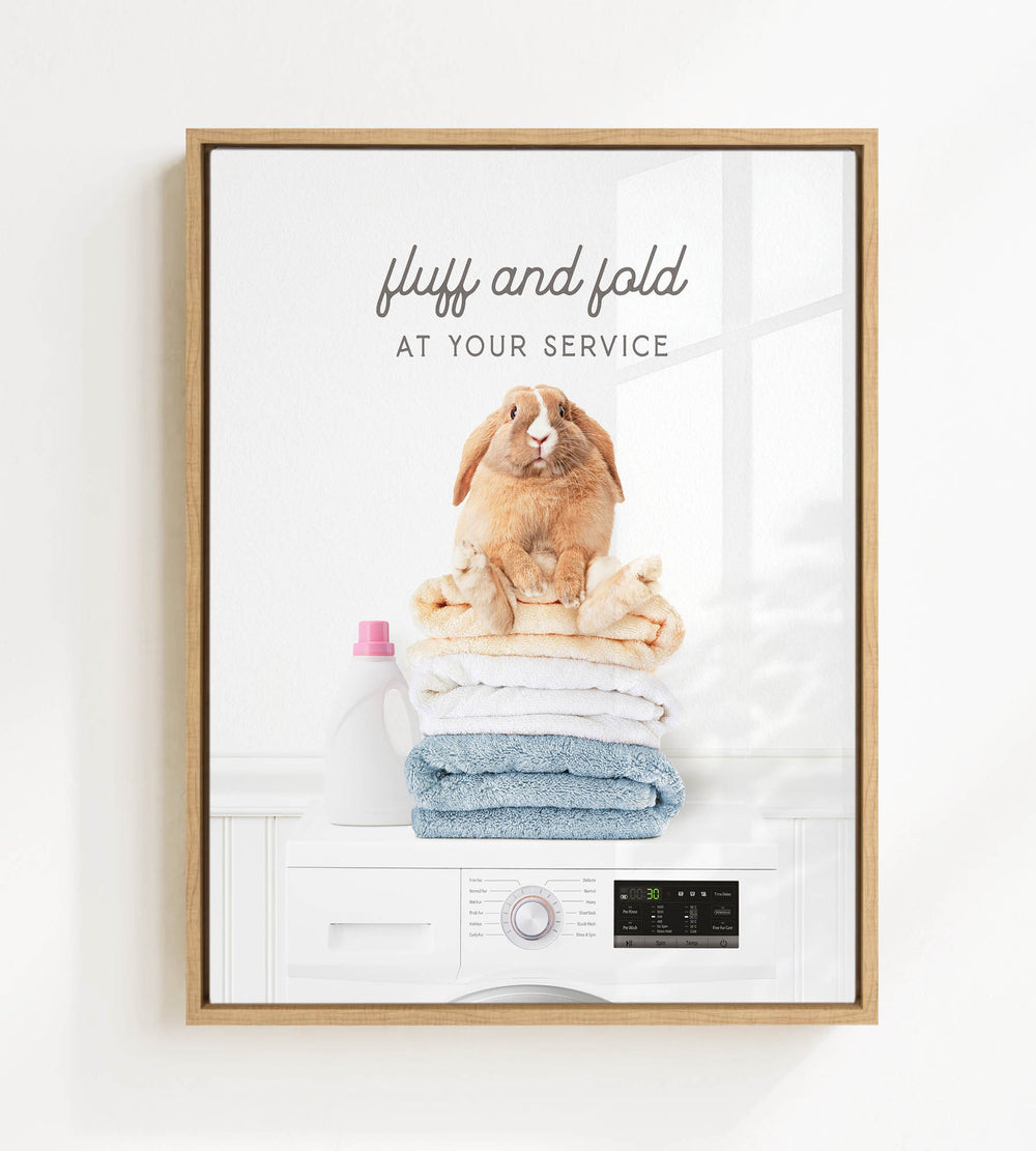 A framed image depicting a fluffy brown rabbit sitting atop a stack of folded towels, with a washing machine and detergent bottle in the background.