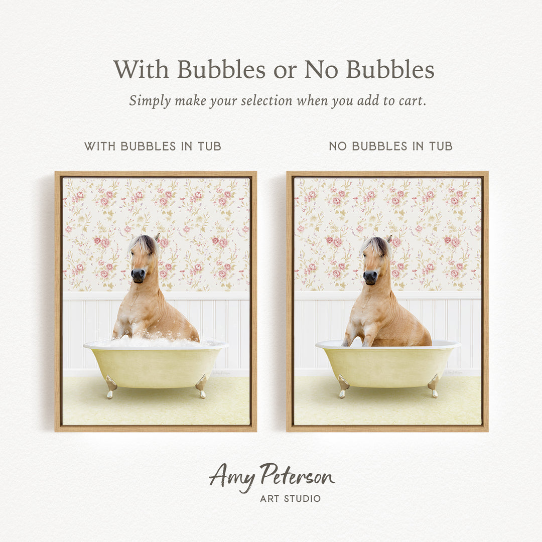 The image is a collage of two pictures, each featuring a brown dog sitting in a bathtub. The dog appears to be enjoying a bubble bath, with bubbles surrounding it. The collage is titled "With Bubbles or No Bubbles" and is created by Amy Peterson from Art Studio.
