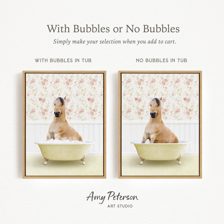 The image is a collage of two pictures, each featuring a brown dog sitting in a bathtub. The dog appears to be enjoying a bubble bath, with bubbles surrounding it. The collage is titled "With Bubbles or No Bubbles" and is created by Amy Peterson from Art Studio.