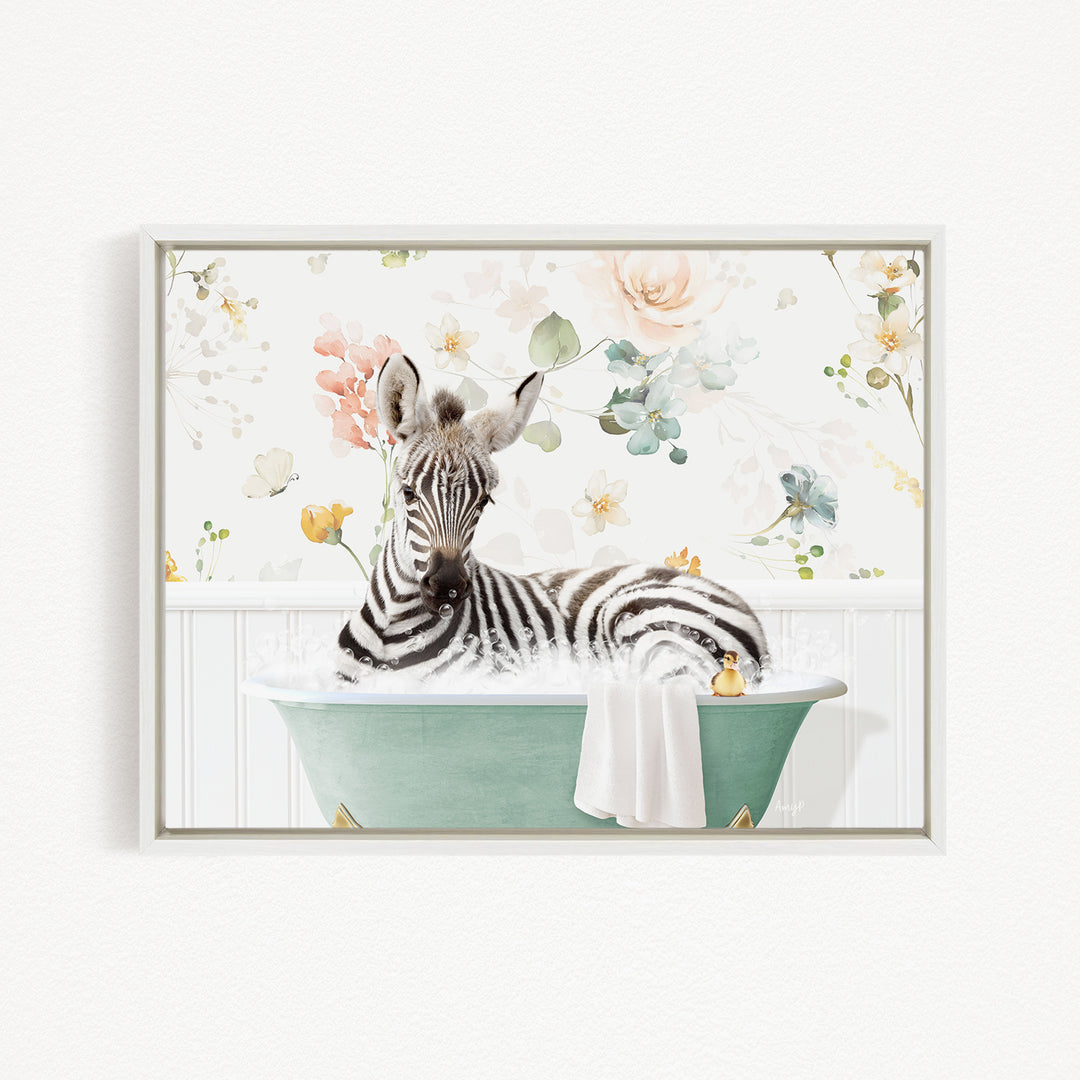 A zebra is sitting in a green bathtub filled with water, surrounded by a floral wallpaper.