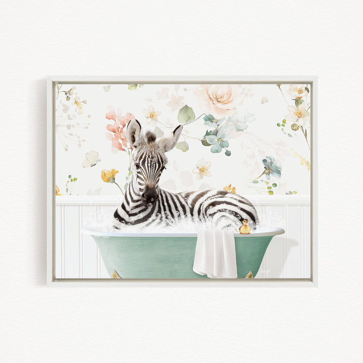 A zebra is sitting in a green bathtub filled with water, surrounded by a floral wallpaper.