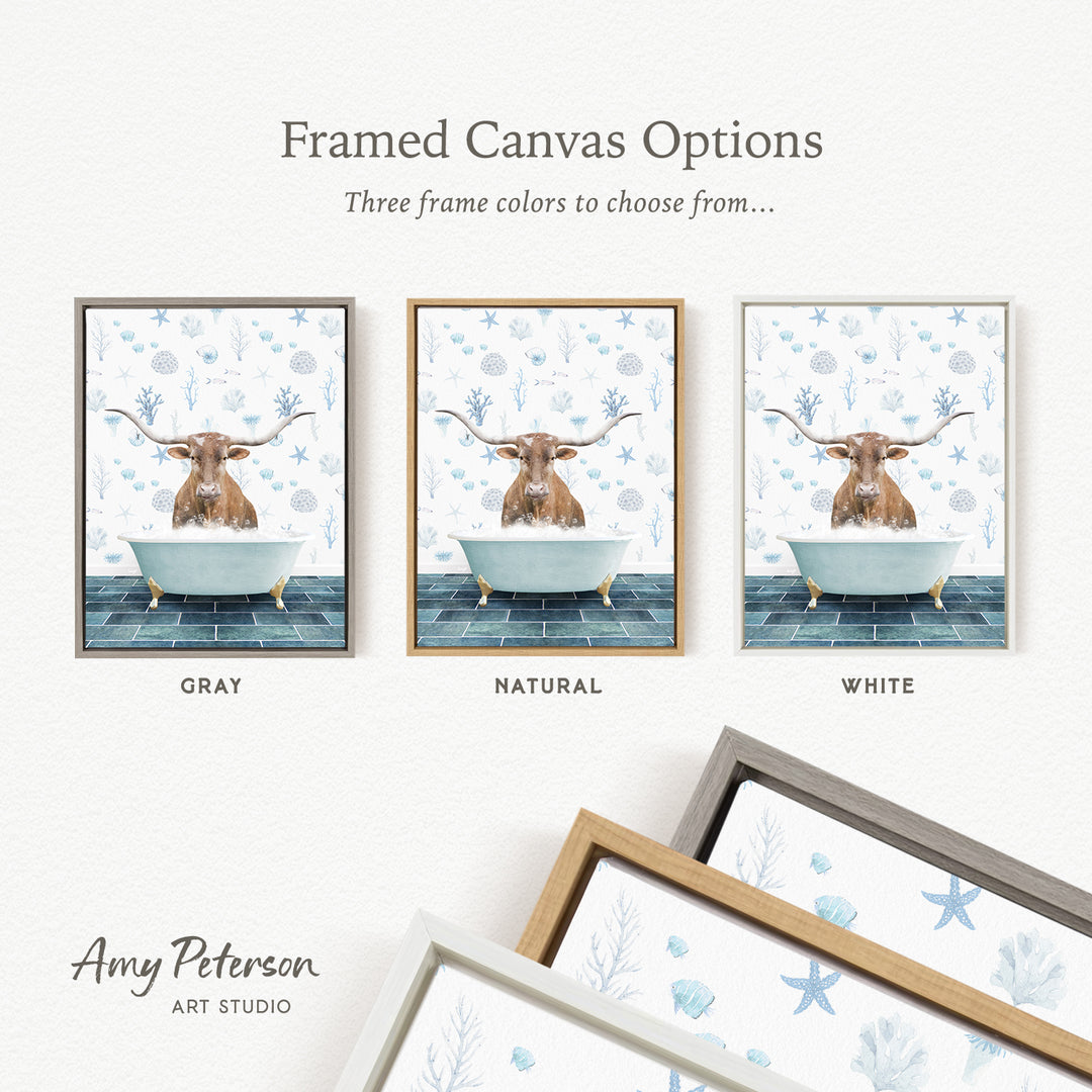 three framed canvas options featuring a cow sitting in a bathtub, with each option having a different frame color: gray, natural, and white.
