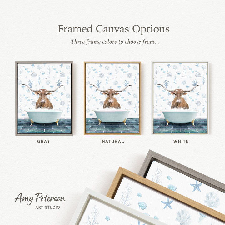 three framed canvas options featuring a cow sitting in a bathtub, with each option having a different frame color: gray, natural, and white.