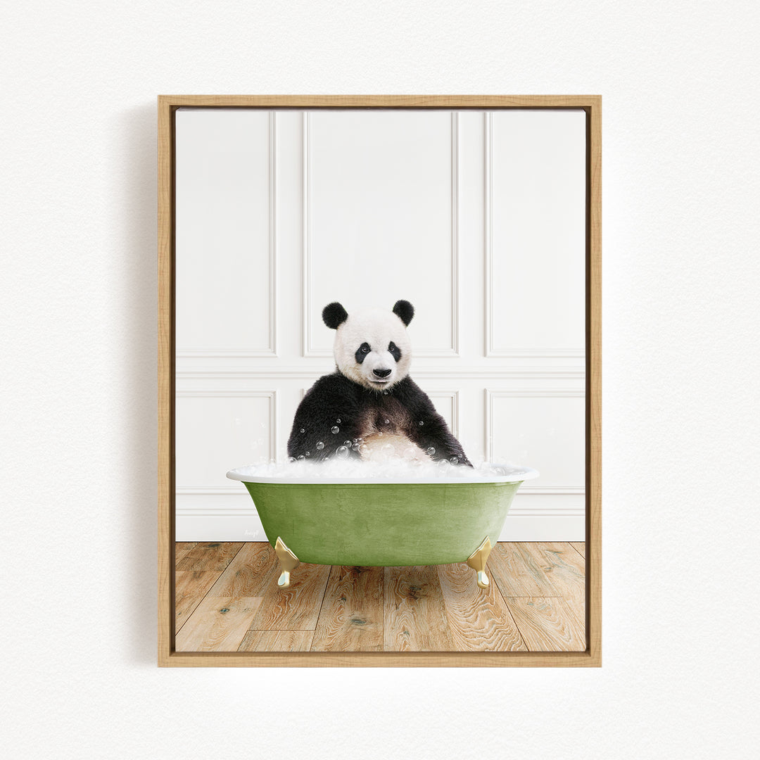 A panda bear sitting in a green bathtub filled with bubbles, creating a whimsical and playful scene.