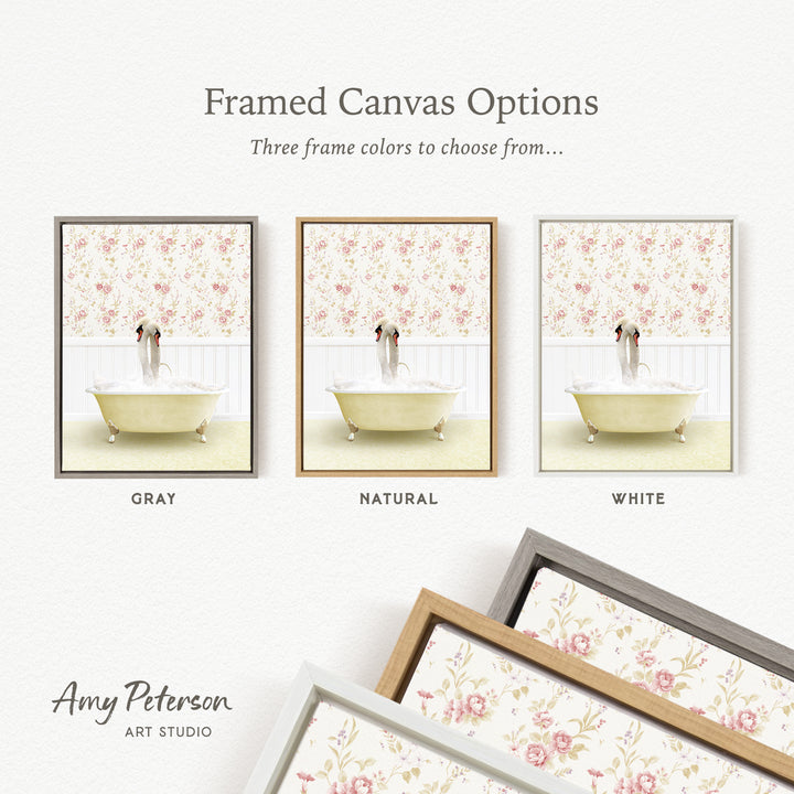 The image is a framed canvas option showcasing three different frame colors: gray, natural, and white. The image depicts a bathtub with a person sitting in it, and the frame color options are displayed below the image.