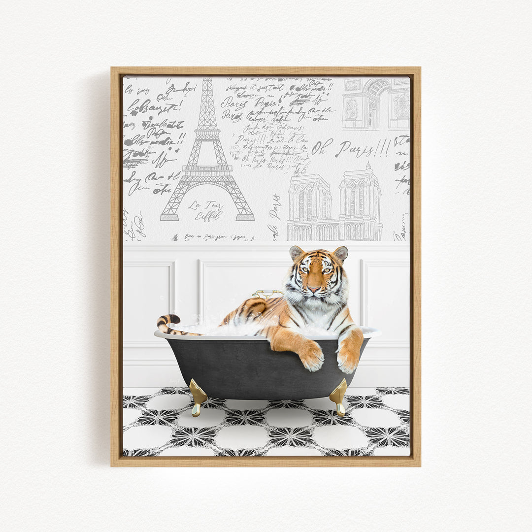 A tiger is sitting in a bathtub, surrounded by various architectural drawings and notes, creating a whimsical and artistic scene.