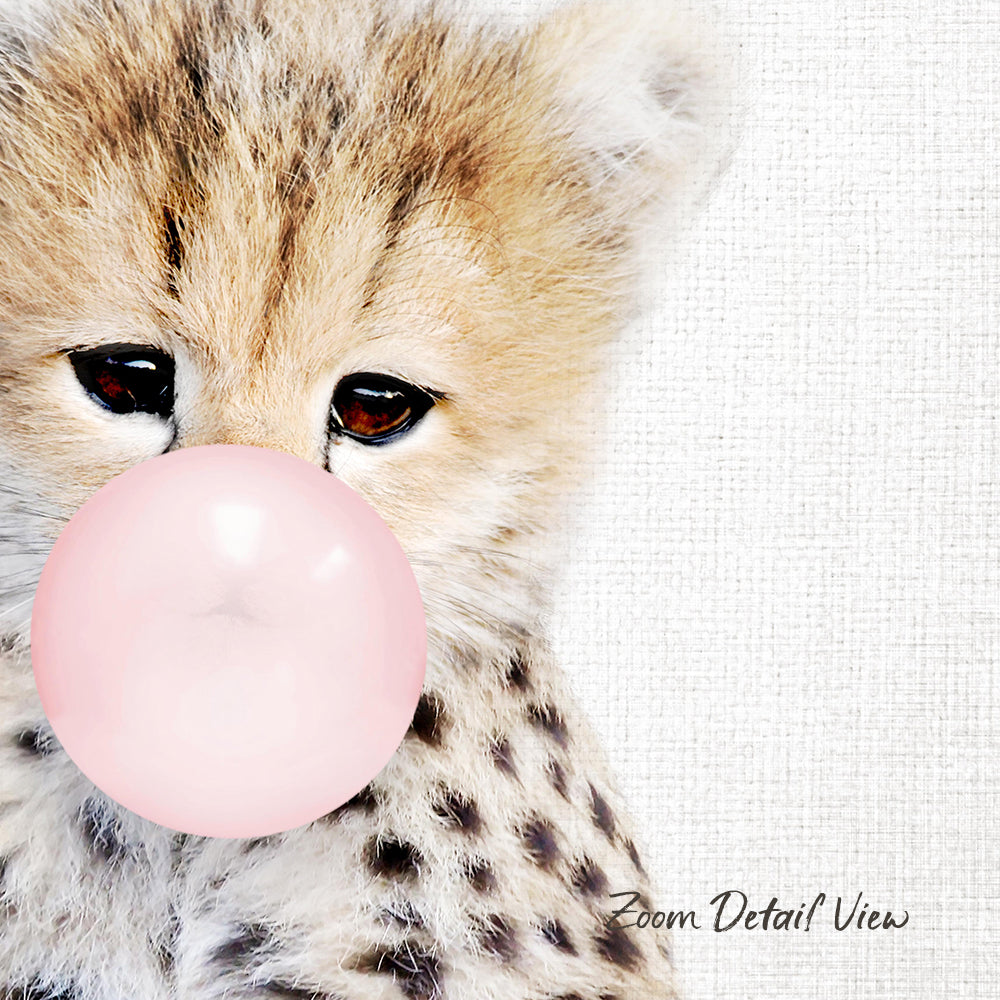 A close-up of a cheetah cub blowing a bubble with a pink bubble gum bubble.