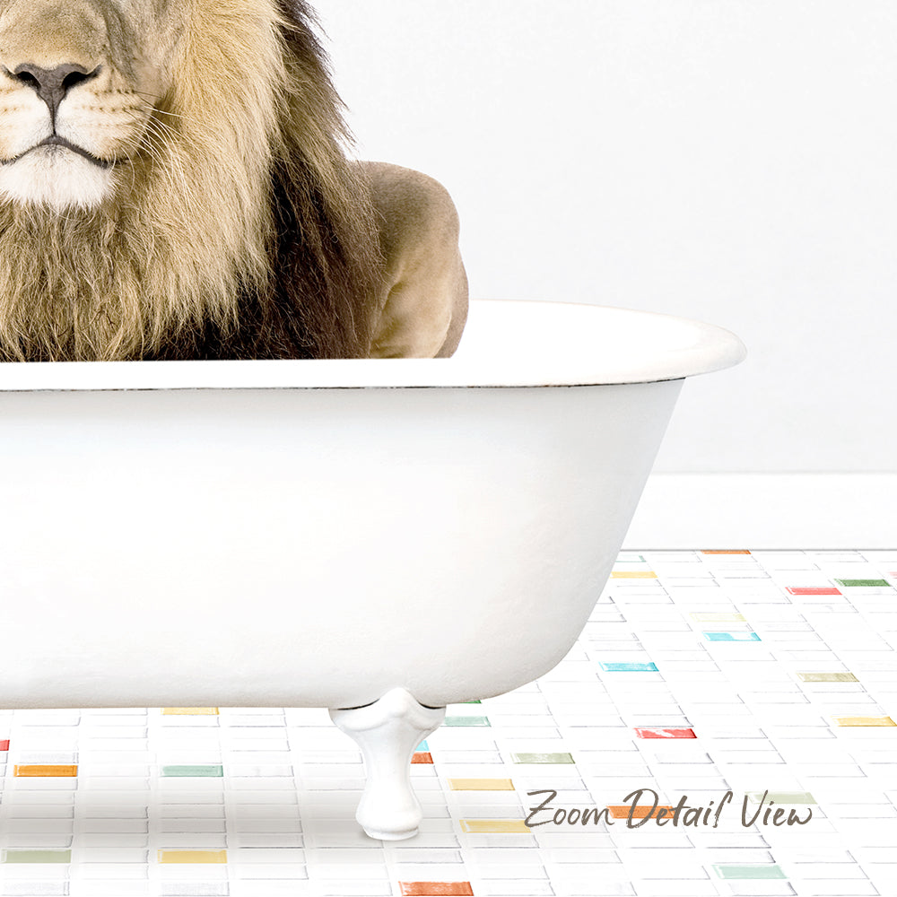 A lion is sitting in a white bathtub, with a colorful mosaic floor in the background.