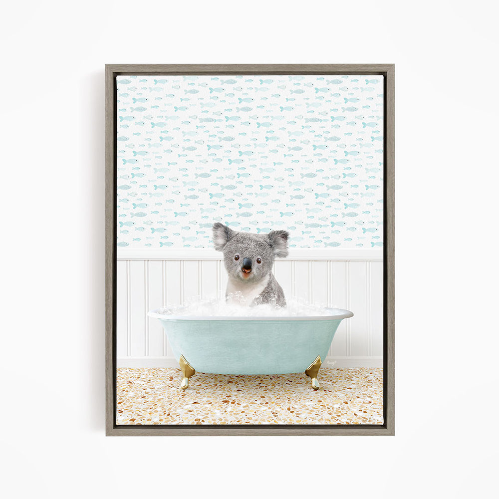 A koala bear sitting in a bathtub filled with water, surrounded by a pattern of fish.