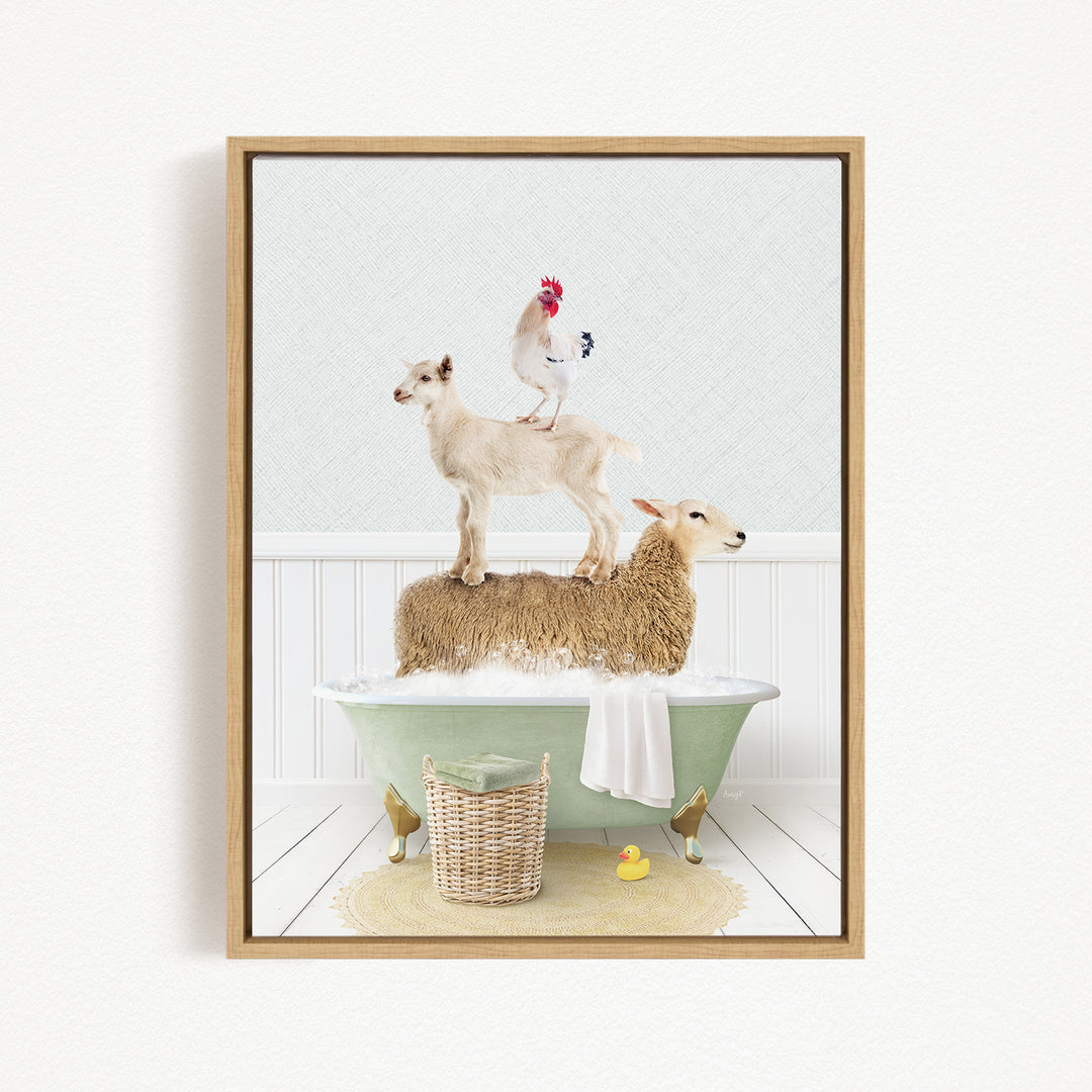 A framed image depicting a sheep standing on a goat's back while a rooster stands on top of the goat, all in a bathtub.