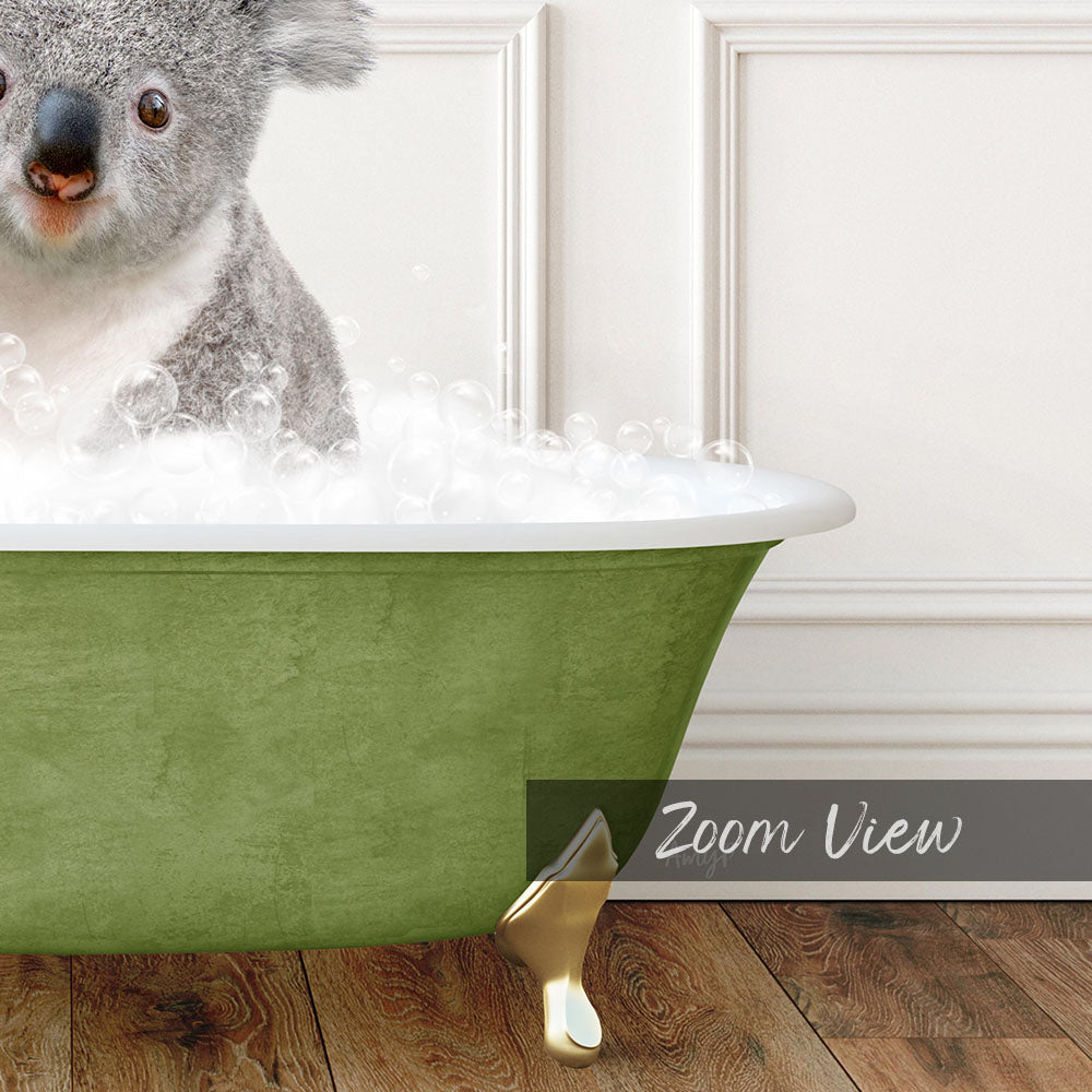 A koala sitting in a green bathtub filled with bubbles, with a white wall in the background.