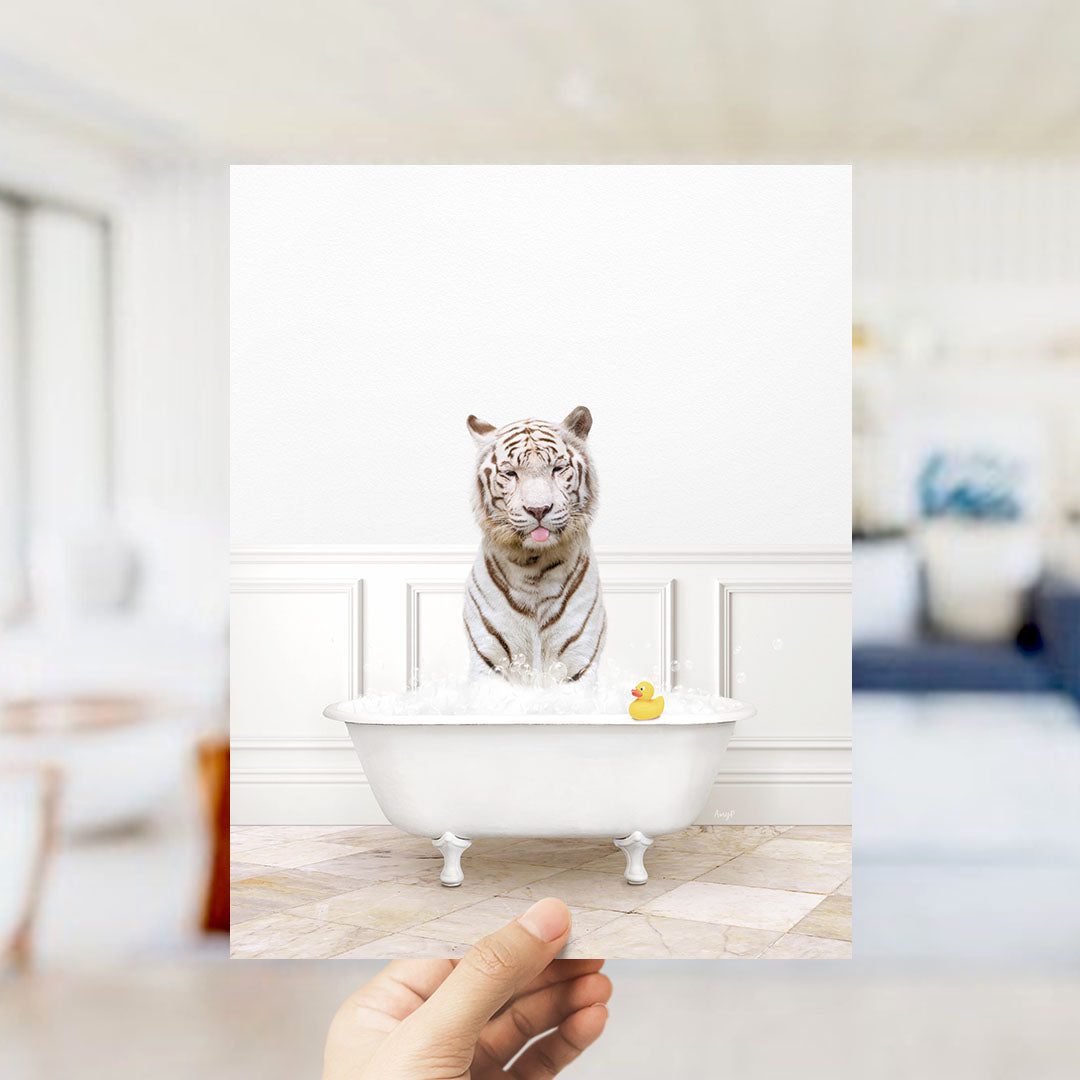 A white tiger sitting in a bathtub filled with water, with a rubber duck floating nearby.