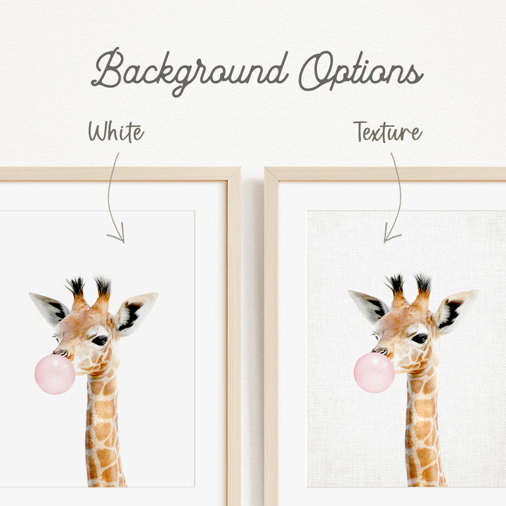 a giraffe blowing a bubble with a pink bubble gum bubble.