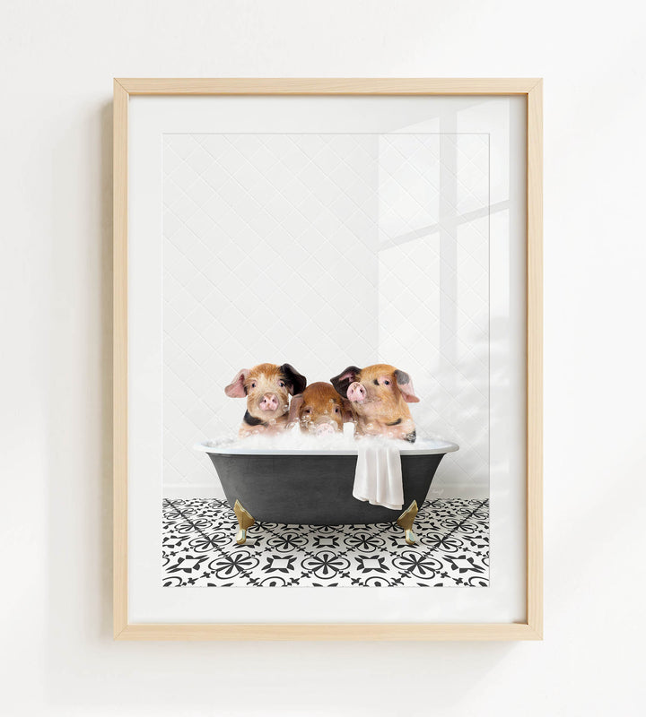 Three adorable pigs sitting in a black bathtub filled with water, creating a playful and whimsical scene.