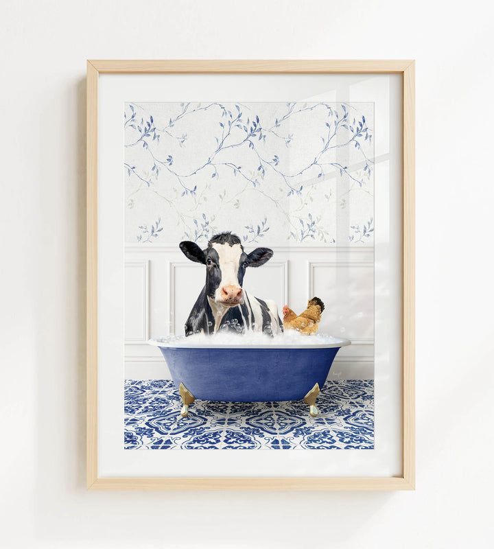 A black and white cow is sitting in a blue bathtub, surrounded by a chicken and a dog, in a room with a blue and white floral patterned wall.