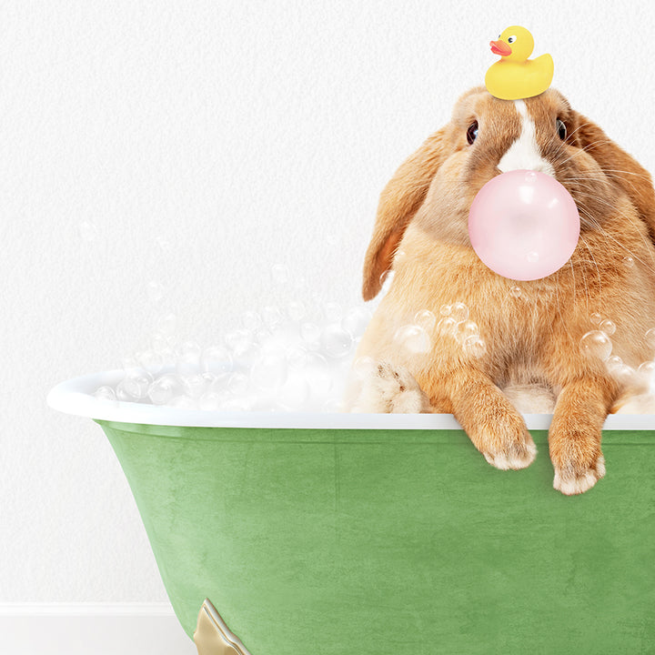 a rabbit in a bathtub with a rubber ducky on its head