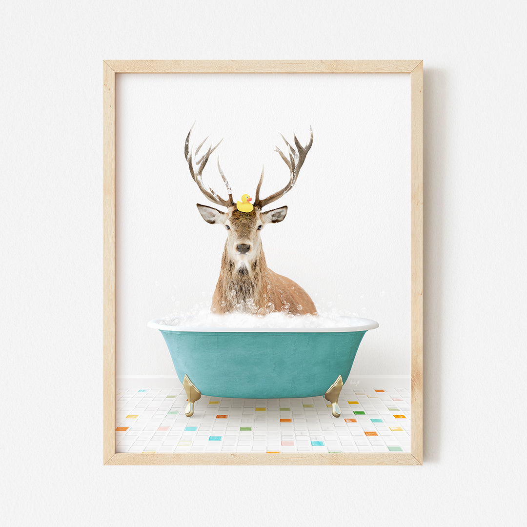 a deer with a crown in a bathtub