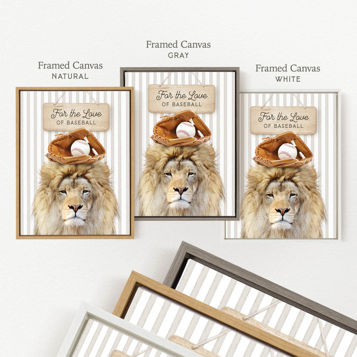 a framed canvas with a lion wearing a baseball cap and holding a baseball glove, along with a sign that reads "For the Love of Baseball".