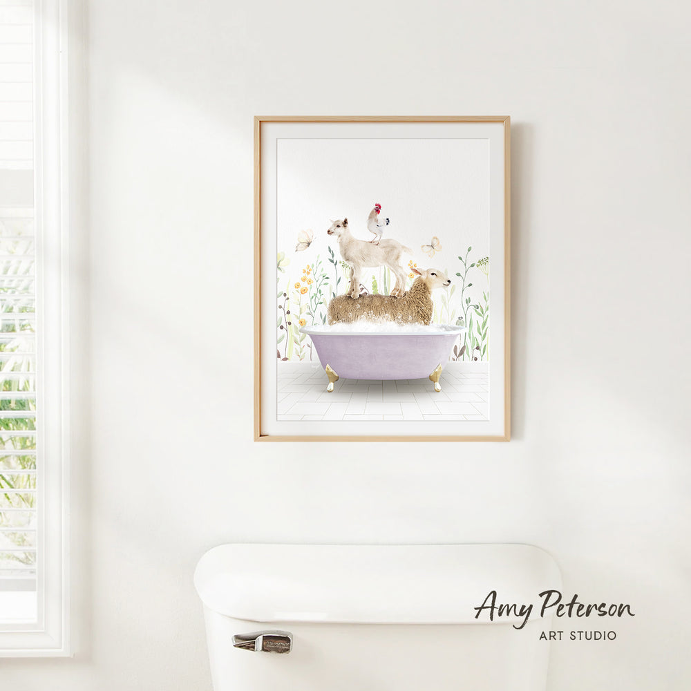 A framed illustration of a dog sitting on a bathtub filled with water, surrounded by flowers and birds, is hanging on a white wall.