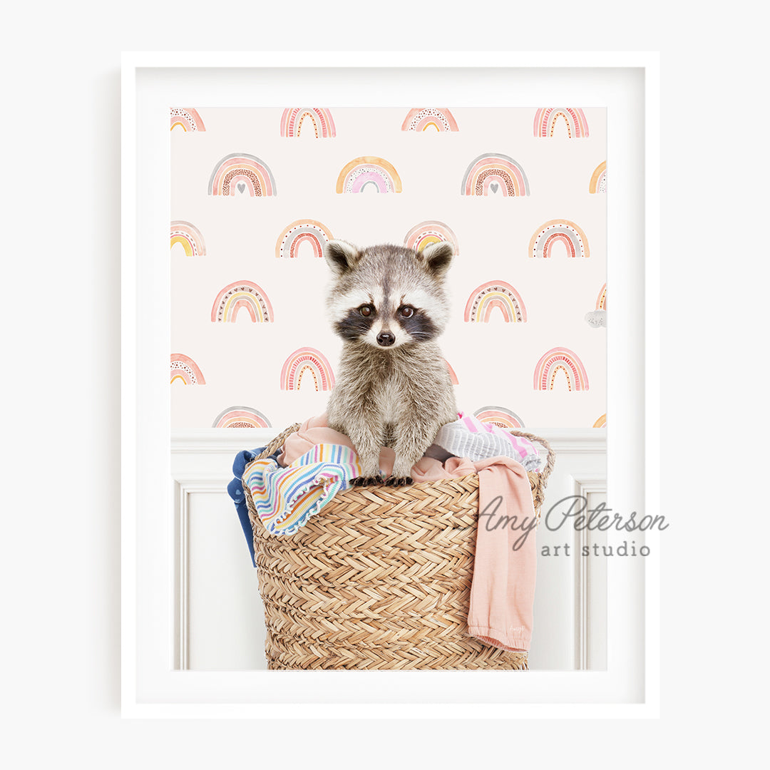 a raccoon is sitting in a basket on a wall