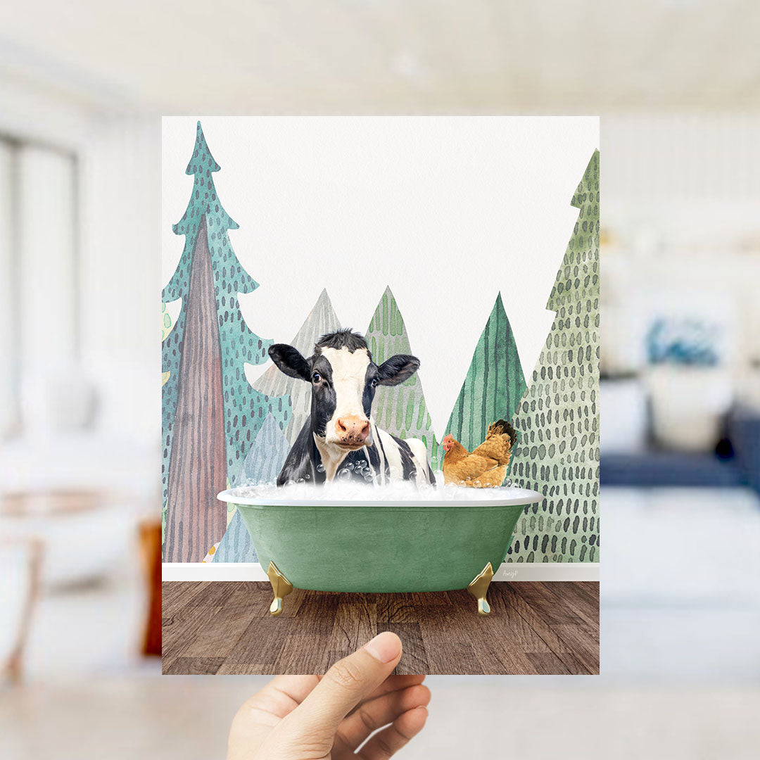 A cow is sitting in a green bathtub, surrounded by a chicken and a pine tree, creating a whimsical scene.