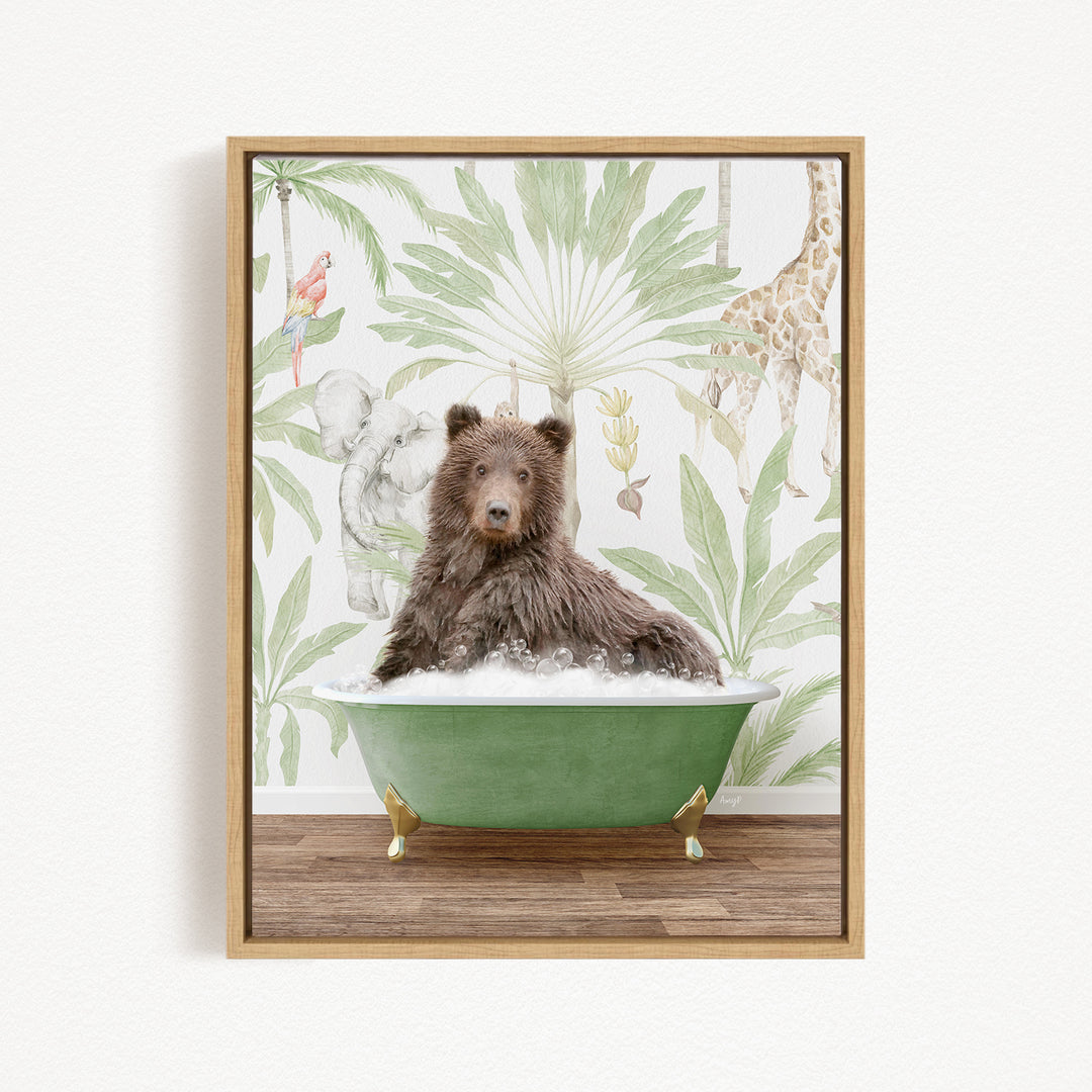A brown bear is sitting in a green bathtub, surrounded by a tropical wallpaper with various animals and plants.