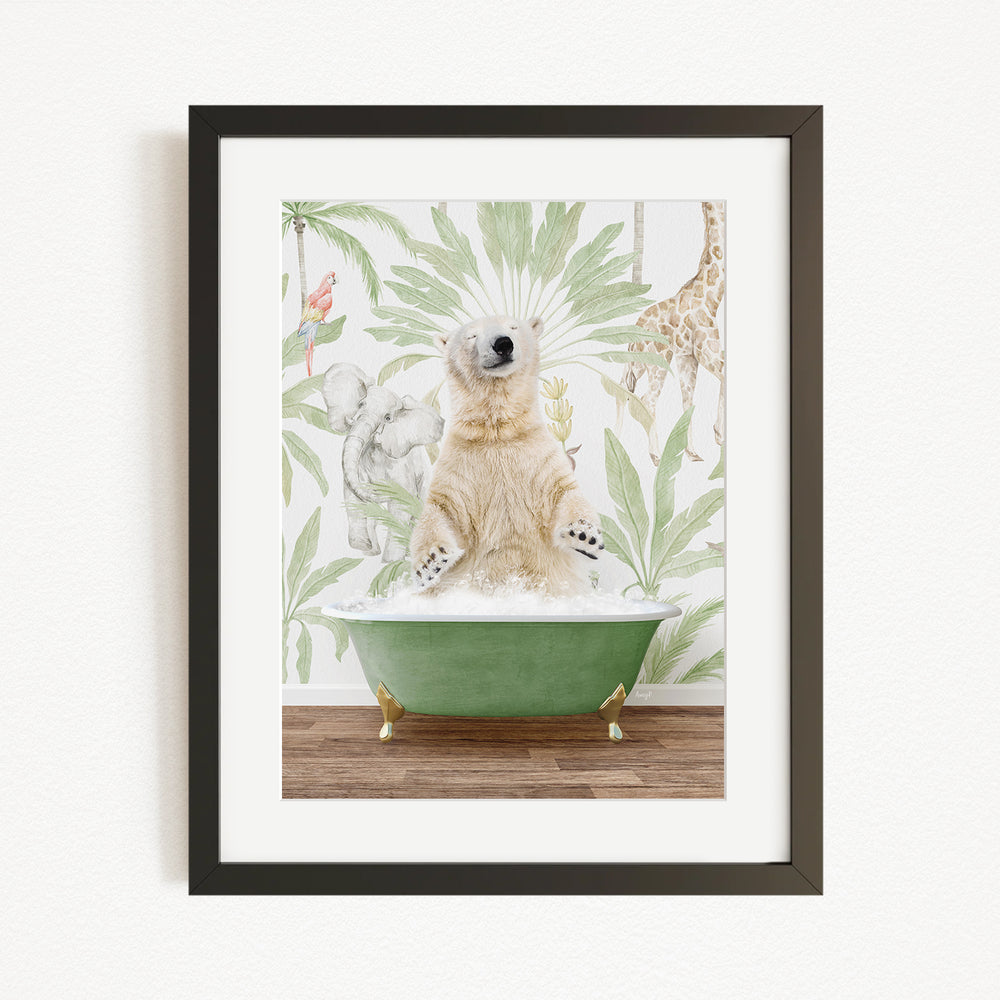 A polar bear is sitting in a green bathtub, surrounded by a tropical jungle scene with various animals, including a giraffe and a monkey.