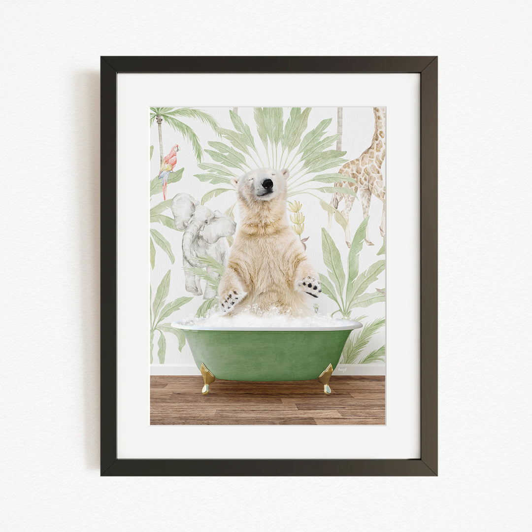 A polar bear is sitting in a green bathtub, surrounded by a tropical jungle scene with various animals, including a giraffe and a monkey.