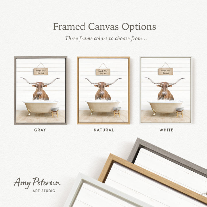 three framed canvas options featuring a picture of a bull with horns in a bathtub, each with a different frame color: gray, natural, and white.